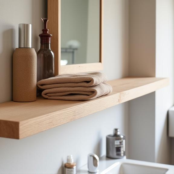 Custom timber shelving and a matching framed mirror. This image represents bespoke joinery and accessories from Aqua Bathware Co.