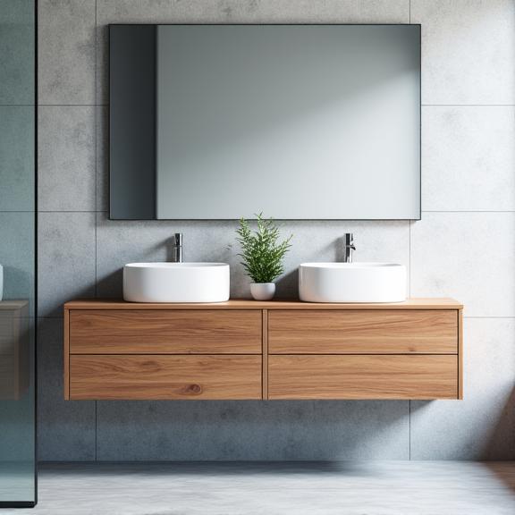 A modern floating wood vanity with dual sinks. This image highlights custom vanity units, a key product offering of Aqua Bathware Co.