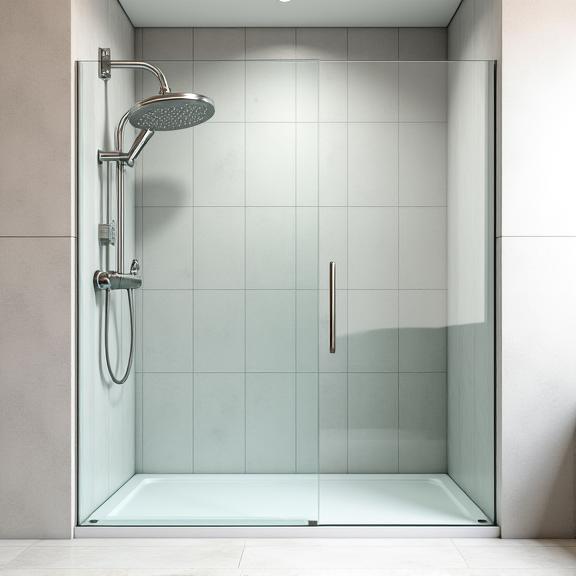 A frameless glass shower screen in a tiled walk-in shower. This image demonstrates the minimalist elegance of Aqua Bathware Co.'s shower screens.