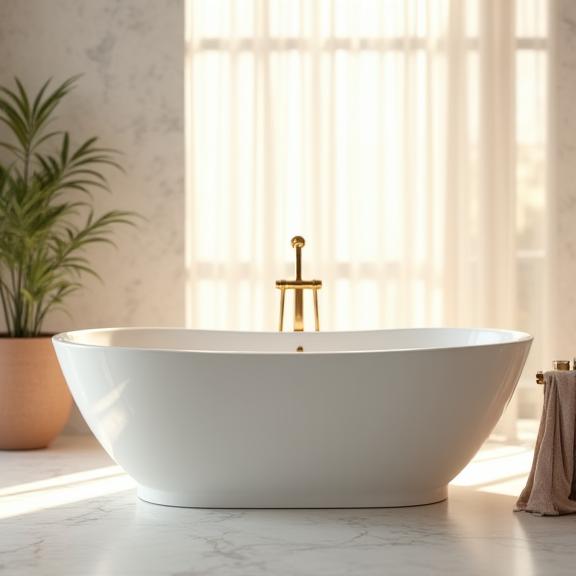 An elegant freestanding bathtub in a bright bathroom. Showcases the luxury bathtubs offered by Aqua Bathware Co.