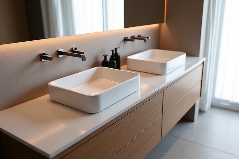 A wide custom vanity unit with two ceramic basins, designed for a master ensuite, offering ample space.