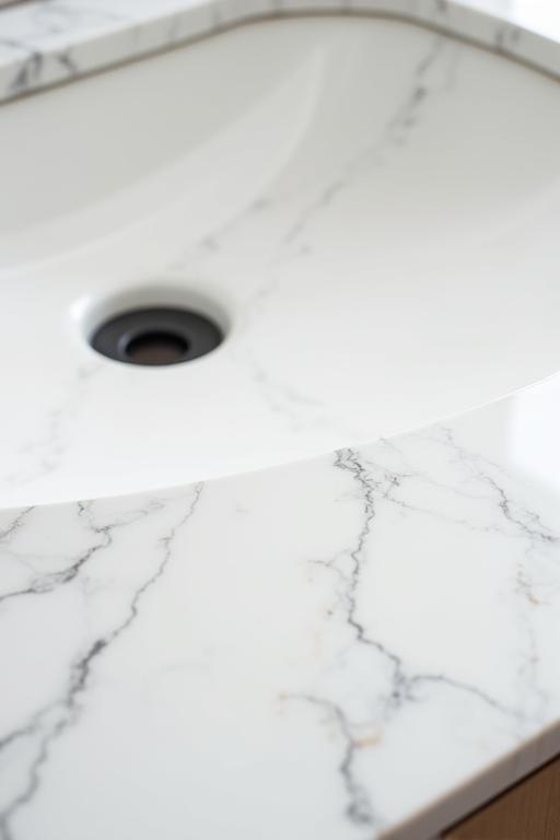Close-up of a Calacatta marble vanity top with undermount sink. A testament to intricate detailing.
