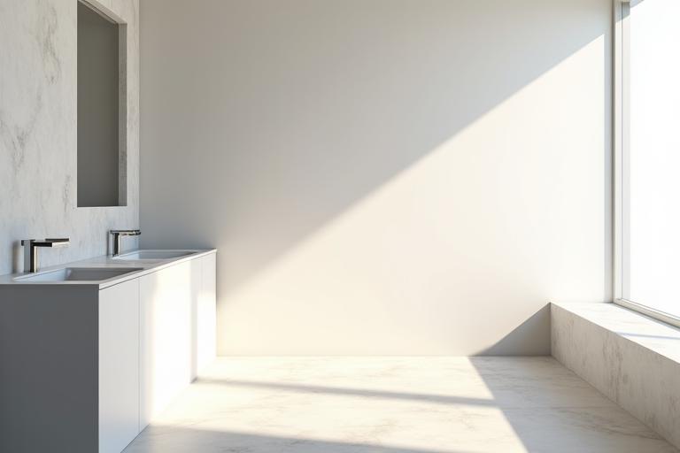 A minimalist bathroom showcasing clean lines and simple forms, bathed in natural light.