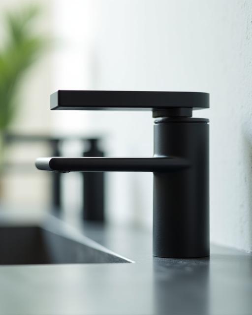 Close-up of modern matte black tapware and minimalist fixtures. Focus on contemporary details.