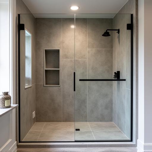 A spacious walk-in shower with a built-in niche and sleek black fixtures. Modern and functional design.