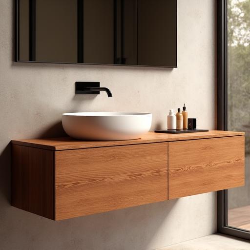 A floating vanity with warm, natural Australian timber accents, blending modern design with earthy tones.
