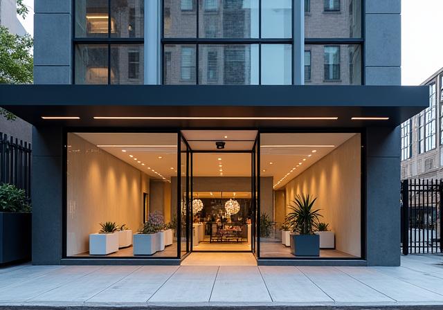 The modern entrance to the Aqua Bathware Co. showroom on Flinders Street, Melbourne.